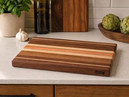Handcrafted Walnut, Maple & Cherry Hardwood Cutting Board | Premium Edge Grain Kitchen Board